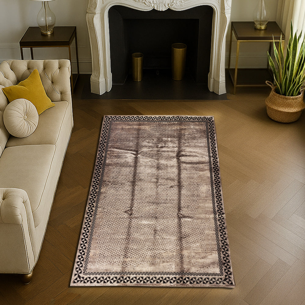Elegant grey silk carpet with mosaic geometric pattern and modern border design